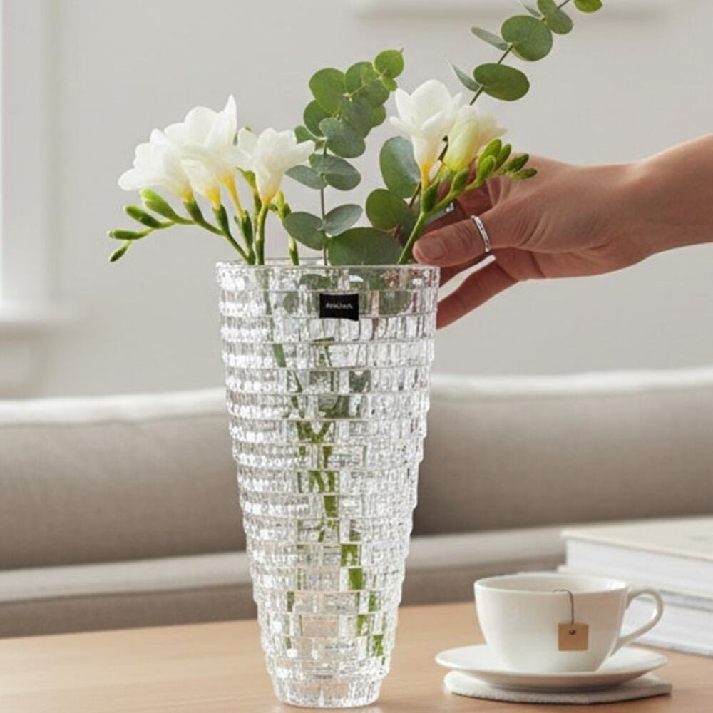 Vintage Vase Mikasa Clear Cut Crystal Block Pattern Tapered Cylinder 11 in Tall